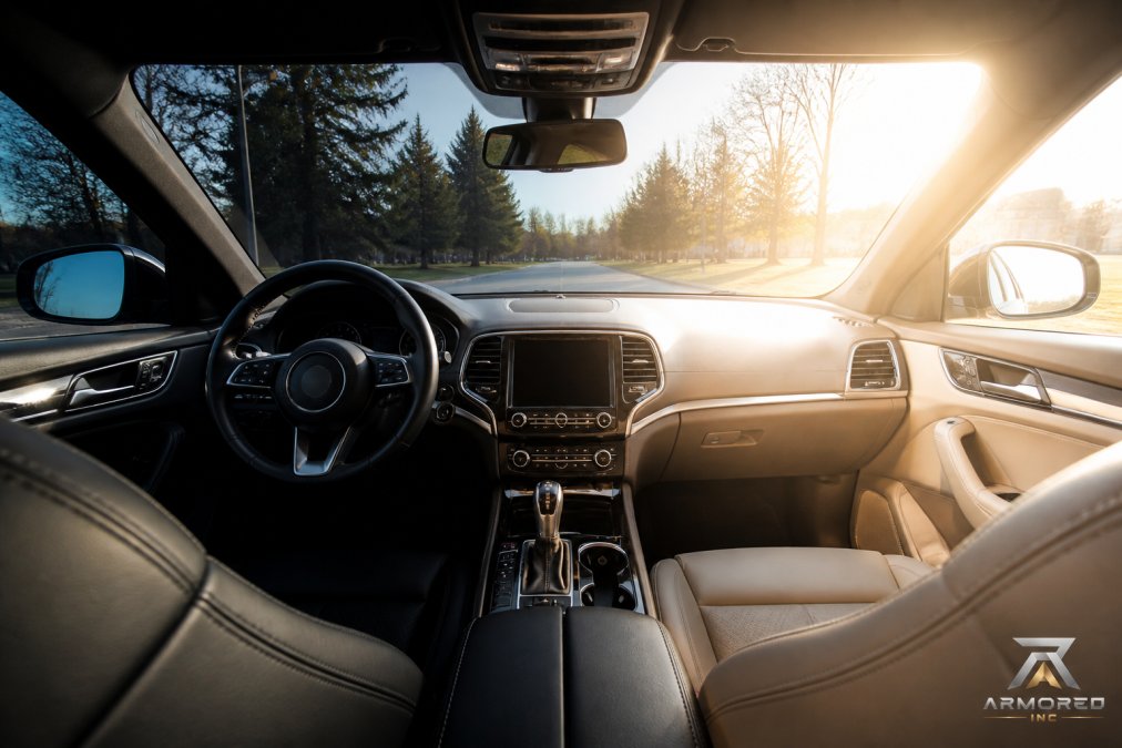 Interior of a luxury vehicle on a bright sunny day, showing dramatic contrast between the driver's side with professional ceramic tint (noticeably cooler, darker cabin) and passenger side with clear glass (bright, sun-washed interior), with sunlight streaming through the windshield