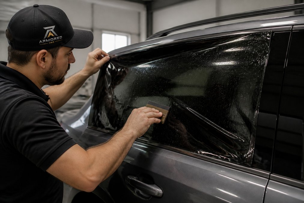 Professional technician carefully applying ceramic window tint film to a vehicle's side window using precision tools and squeegee, with the film partially applied showing the skill required for bubble-free installation, natural workshop lighting