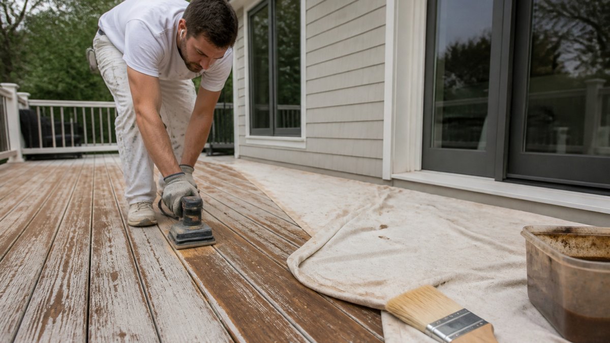 Professional painter sanding a weathered deck board to prepare for professional wood staining