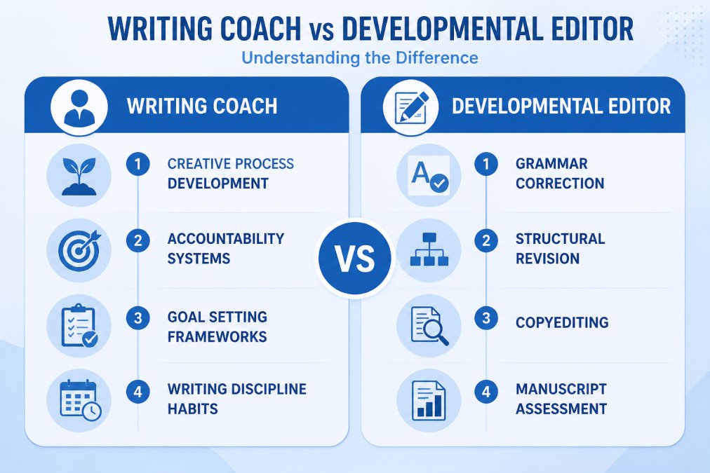 Comparison matrix showing Writing Coach focus areas (creative process development, accountability systems, goal setting frameworks, writing discipline habits) versus Editor focus areas (grammar correction, structural revision, copyediting, manuscript assessment)