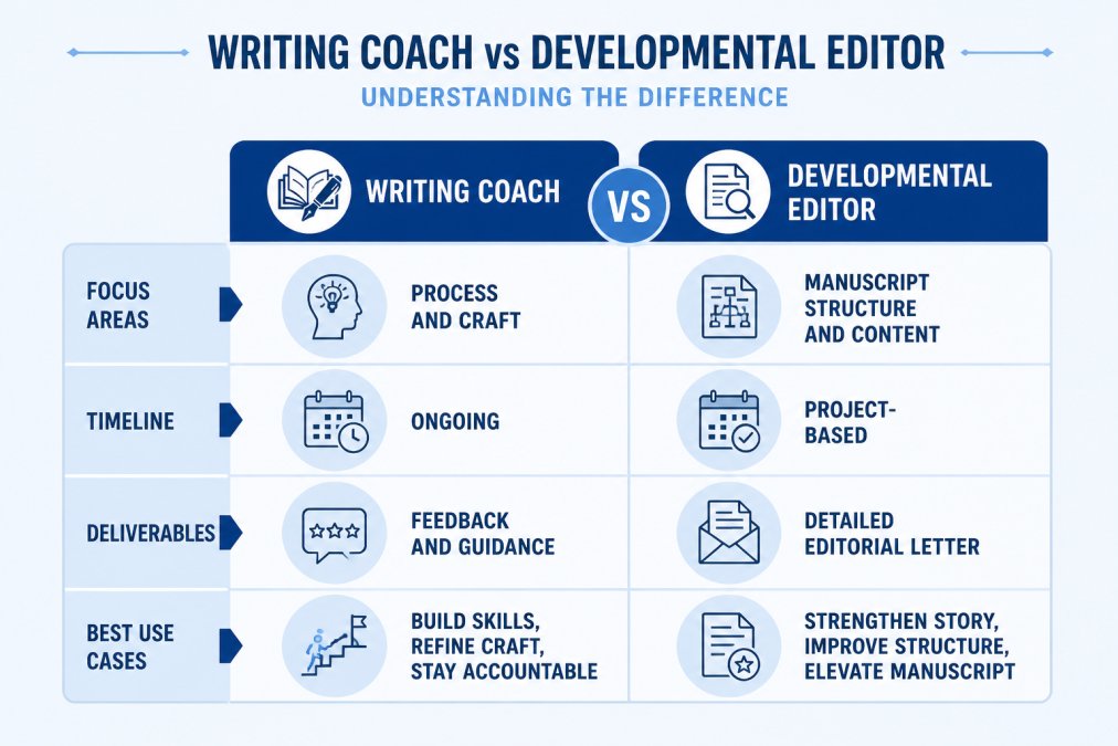 Comparison matrix showing key differences between writing coach and developmental editor: focus areas (coach: process and craft, editor: manuscript structure and content), timeline (coach: ongoing, editor: project-based), deliverables (coach: feedback and guidance, editor: detailed editorial letter), and best use cases