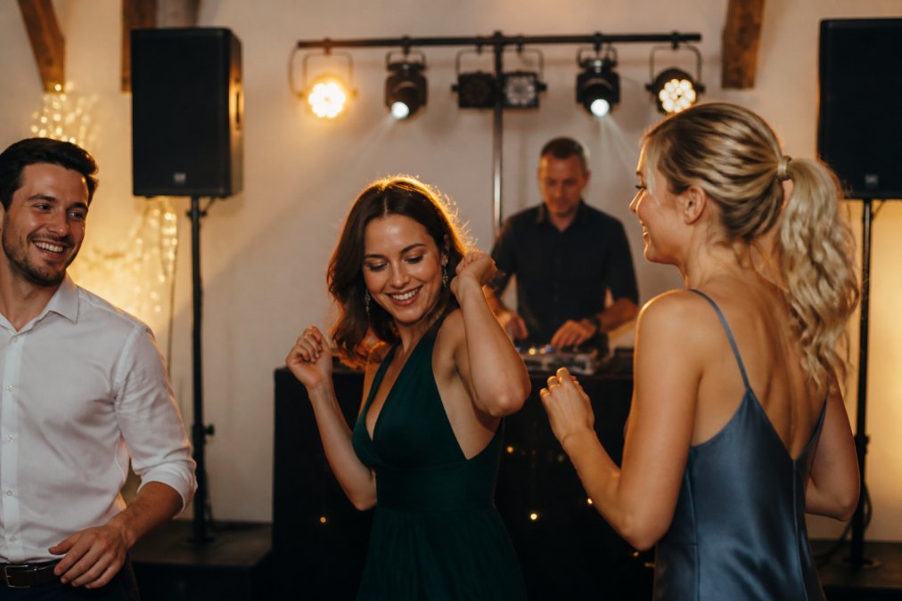Een klein groepje gasten danst op een intiem feest terwijl een technicus op de achtergrond een compacte licht- en geluidsset controleert, warme sfeerverlichting, mensen duidelijk in beeld