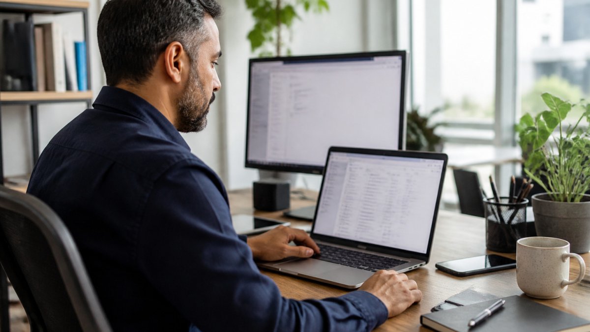 Small business owner reviewing a lead generation software dashboard on a laptop at a bright desk