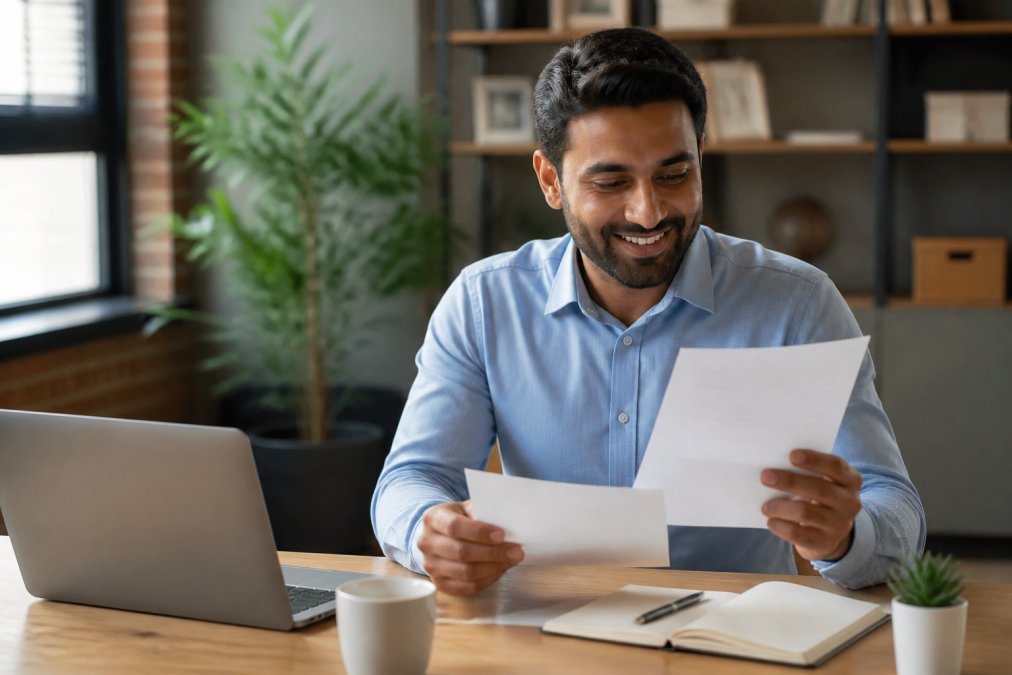 Professional in business casual attire reviewing a promotion letter and salary document at their desk with laptop, coffee, and notebook visible in natural office lighting