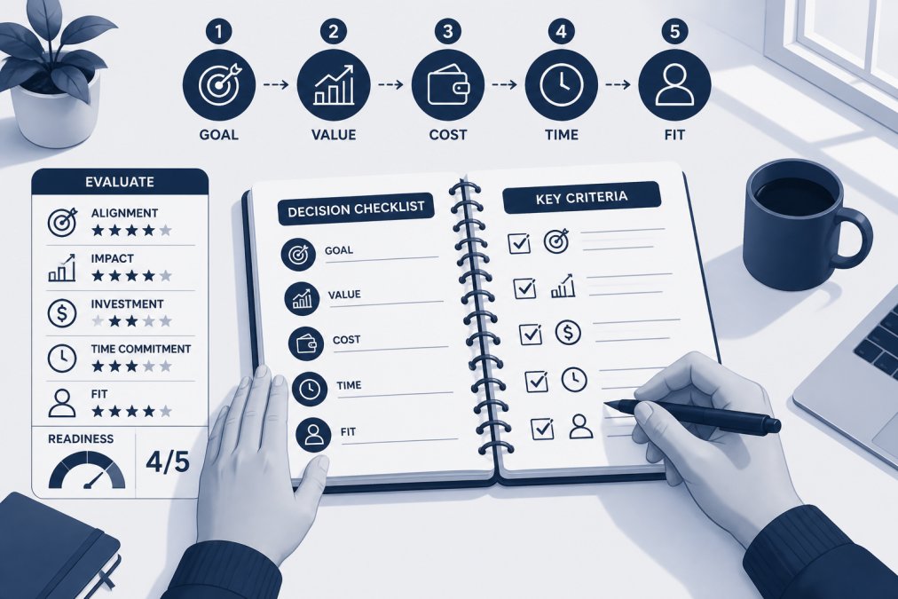 Person working through a structured decision-making checklist on paper with pen in hand, notebook showing organized planning steps and evaluation criteria on a clean desk with natural window lighting