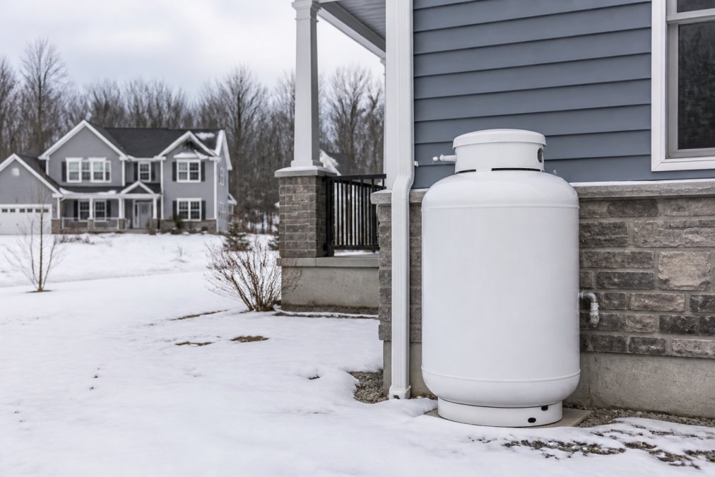 Close-up of a residential white propane storage tank installed beside a house exterior in winter, snow on the ground with a suburban home visible in the background, overcast natural lighting