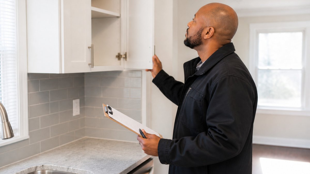 Property manager using a clipboard to inspect a rental kitchen as part of professional property management services
