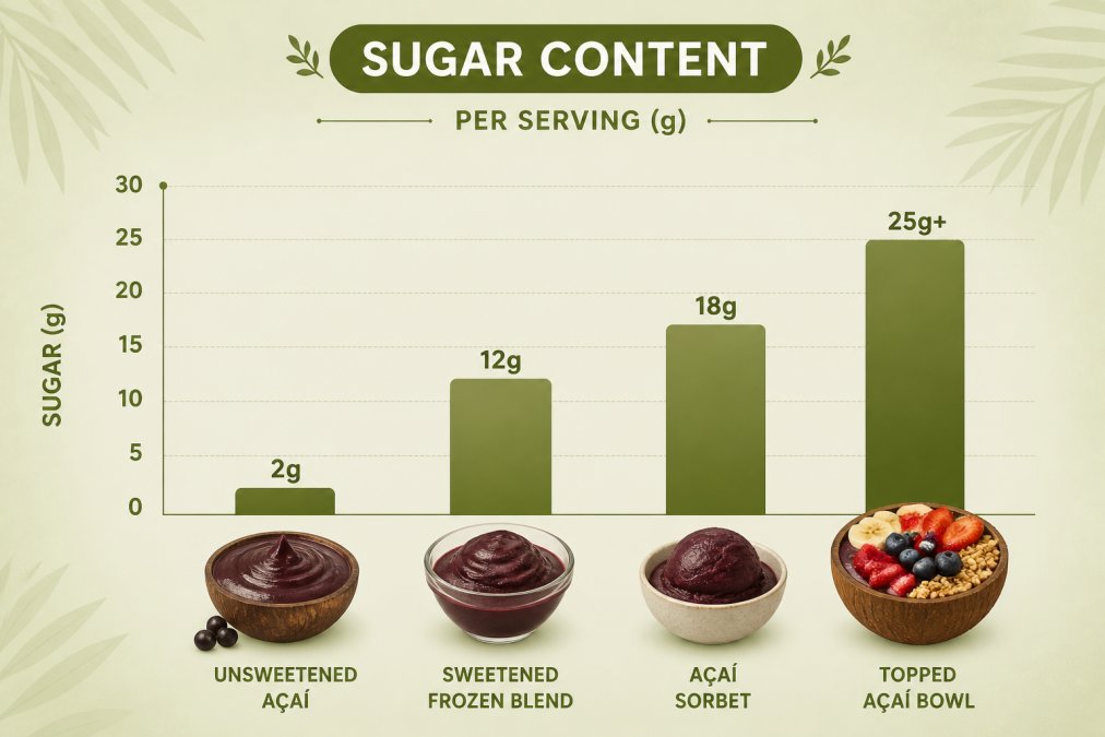 Bar chart comparing sugar content in grams to reveal pure acai worth versus sweetened blends and bowls.