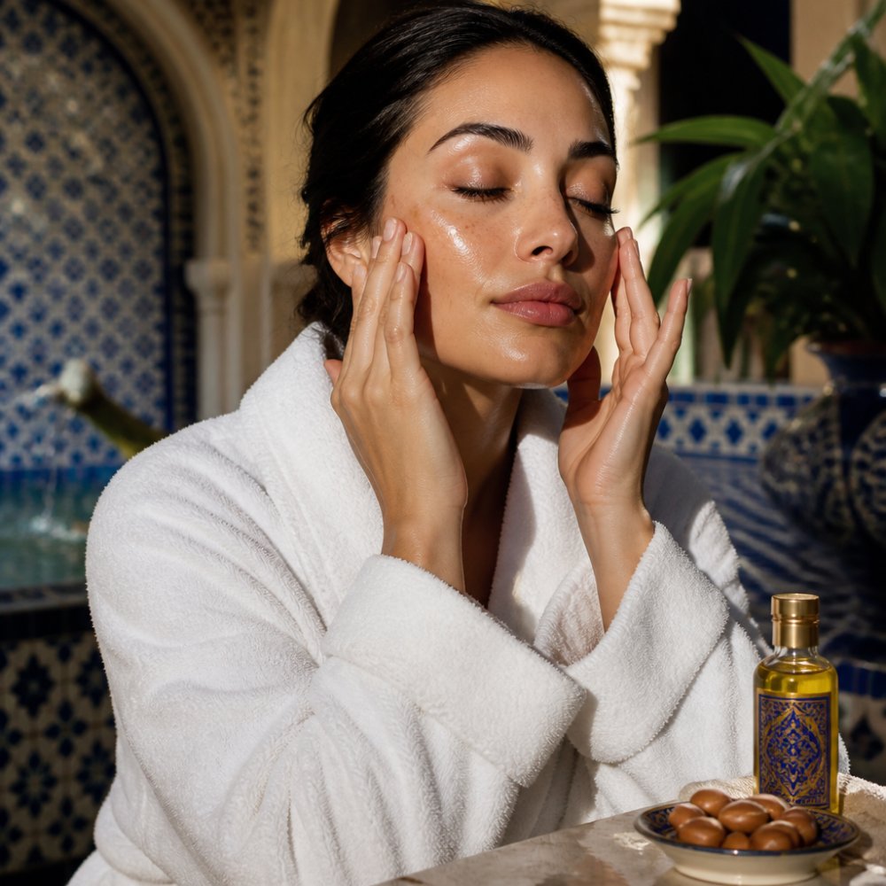 Close-up of hands gently pressing a few drops of golden argan oil onto a clean face, soft natural lighting, serene spa-like atmosphere