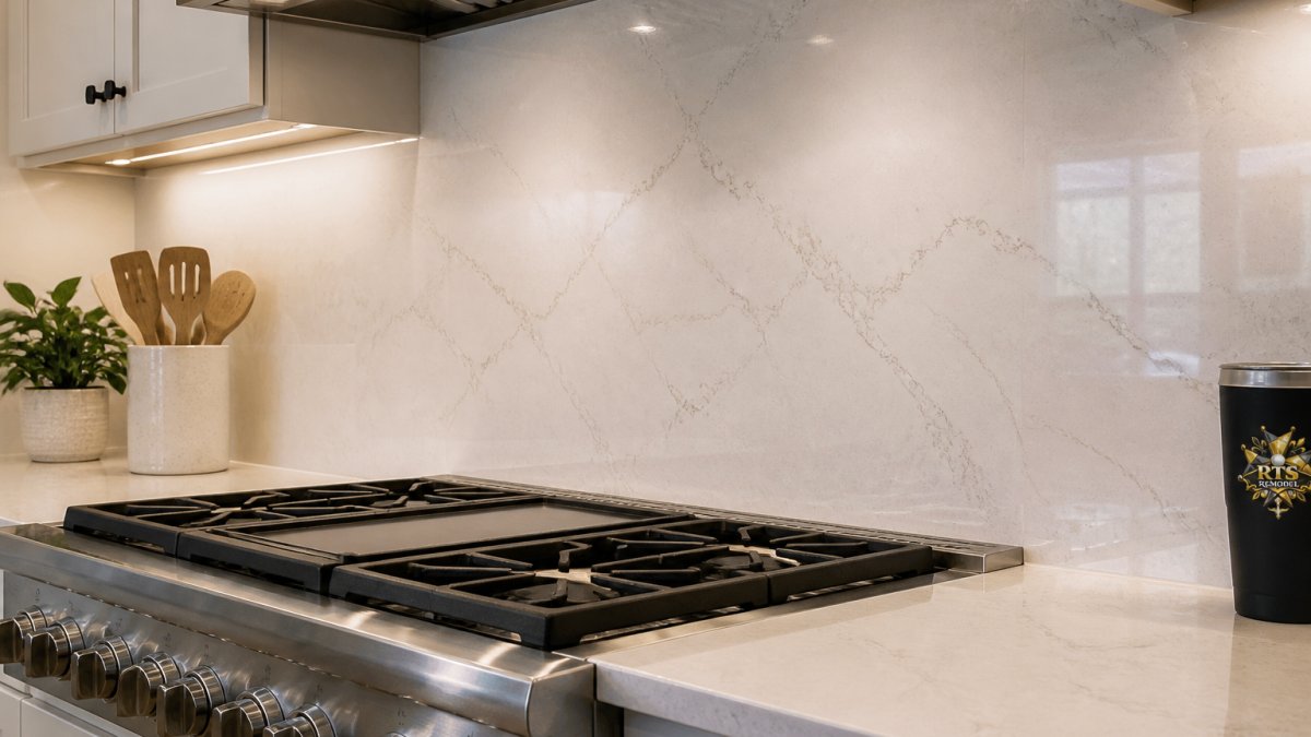 Professional kitchen with modern quartz backsplash behind stainless steel stovetop, showing seamless polished surface and edge detail under warm kitchen lighting