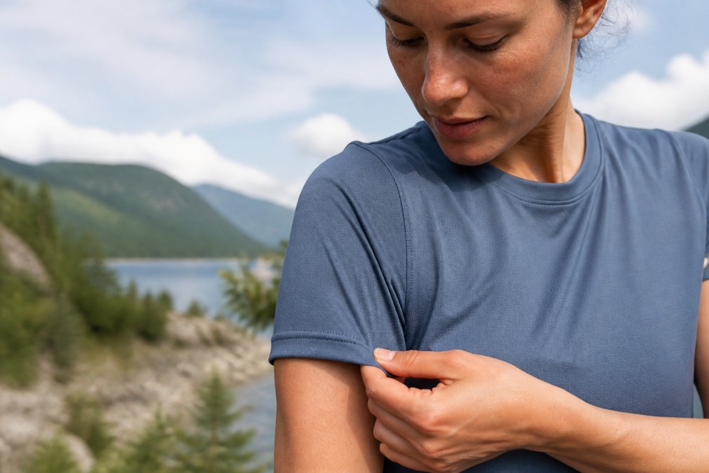 Person with sensitive skin touching a soft, quick dry fabric shirt for comfort and relief