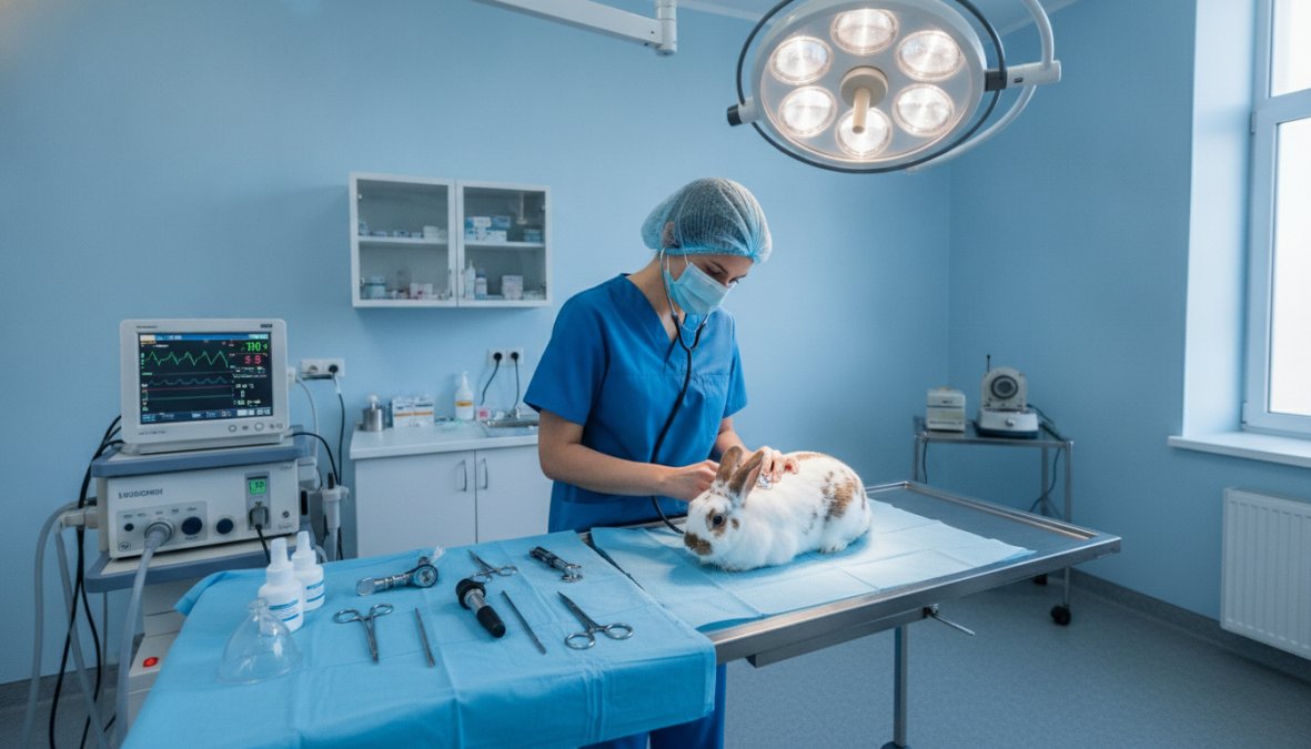 Experienced rabbit-focused veterinarian performing pre-surgical examination on calm rabbit with anesthesia equipment and surgical instruments visible in clean, modern surgical suite