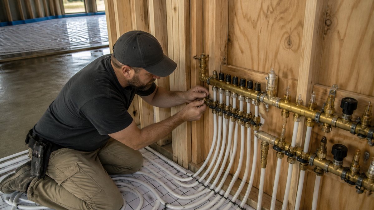 Professional plumber connecting PEX tubing to a brass manifold system during new construction subfloor installation, with concrete slab visible in background