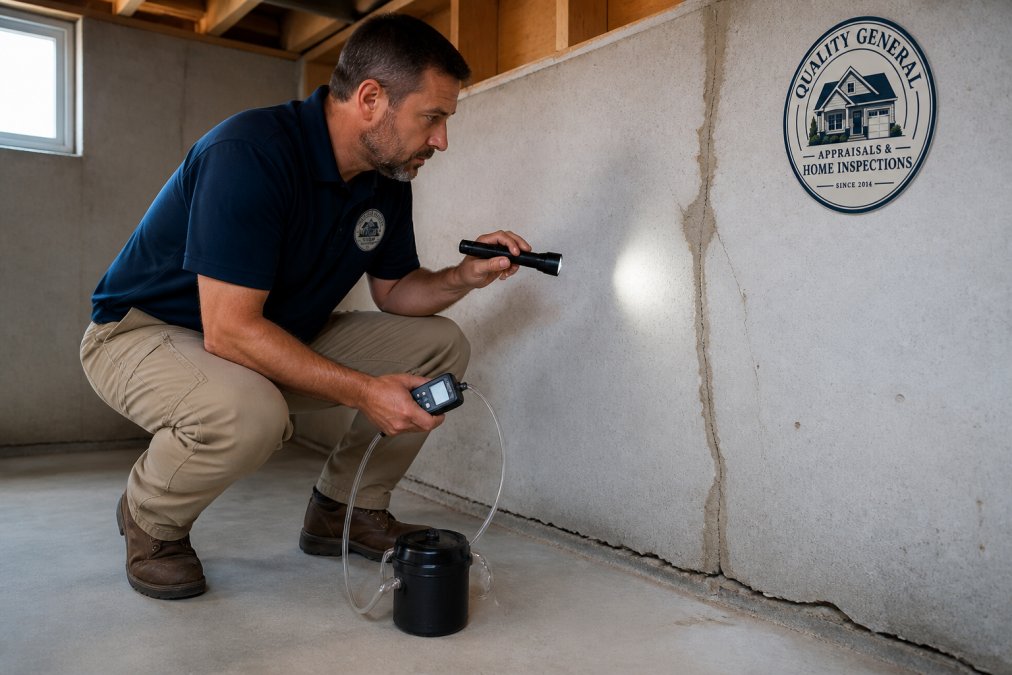 Professional inspector examining basement foundation with visible cracks and gaps where radon gas could seep through, using specialized detection equipment in natural daylight