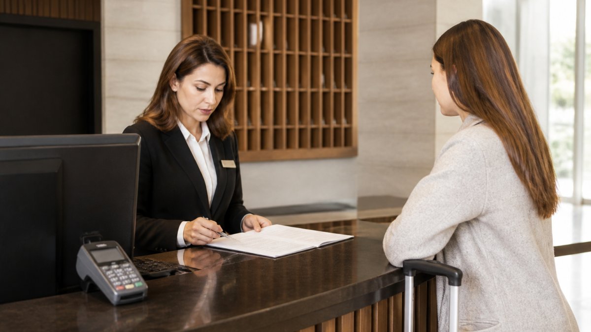 A hotel front desk manager reviewing documents on a computer while a guest checks in, with a point-of-sale terminal visible on the counter