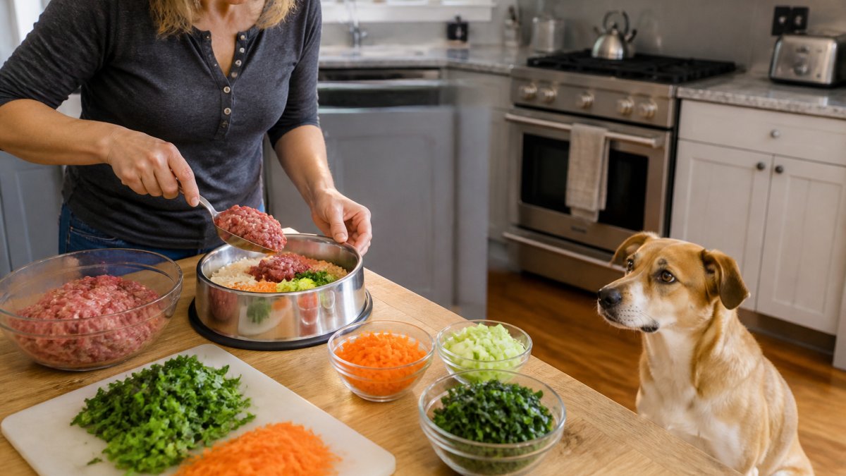 A dog owner in a bright kitchen portioning raw ground meat and vegetables into a stainless steel bowl while a medium-sized dog waits patiently nearby