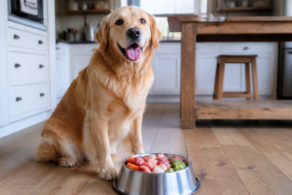 A happy, healthy-looking dog with a shiny coat sitting beside a stainless steel bowl filled with fresh raw meat and vegetables in a clean kitchen setting