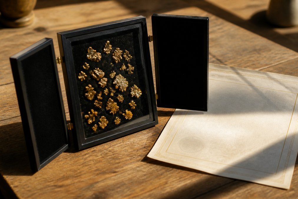 Close-up of raw placer gold flakes resting in a handcrafted tri-fold display case, with an official certificate of authenticity lying beside it under warm natural light