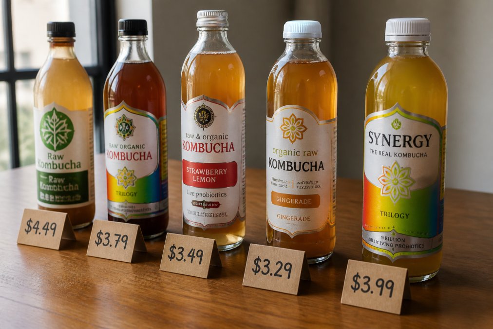 Close-up of several kombucha bottles from different brands standing on a wooden table with visible price tags, natural window lighting casting soft shadows