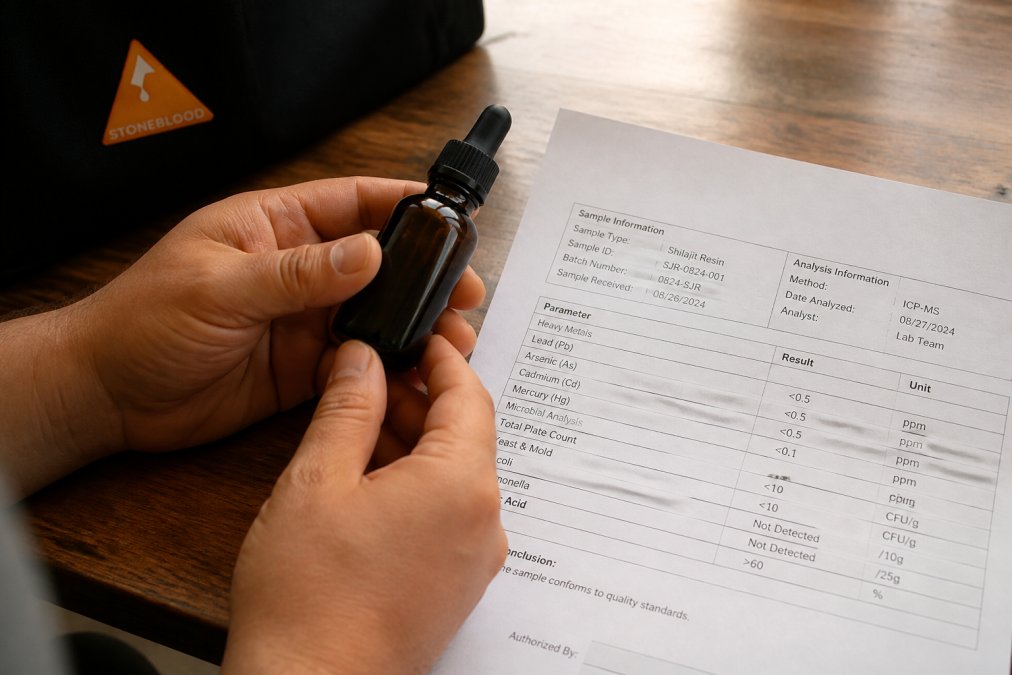 Hands holding shilajit resin with a lab certificate confirming product authenticity and quality standards