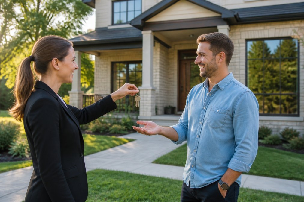 A professional real estate agent handing a set of keys to a new homeowner in front of a modern single-family house, both smiling during the exchange, warm afternoon light