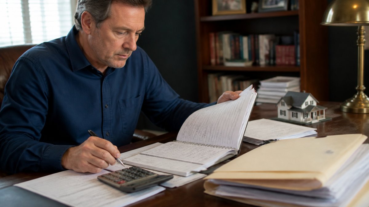 A real estate investor at a home office desk reviewing a printed logbook and calculator, with a laptop showing a spreadsheet and a folder of property documents nearby