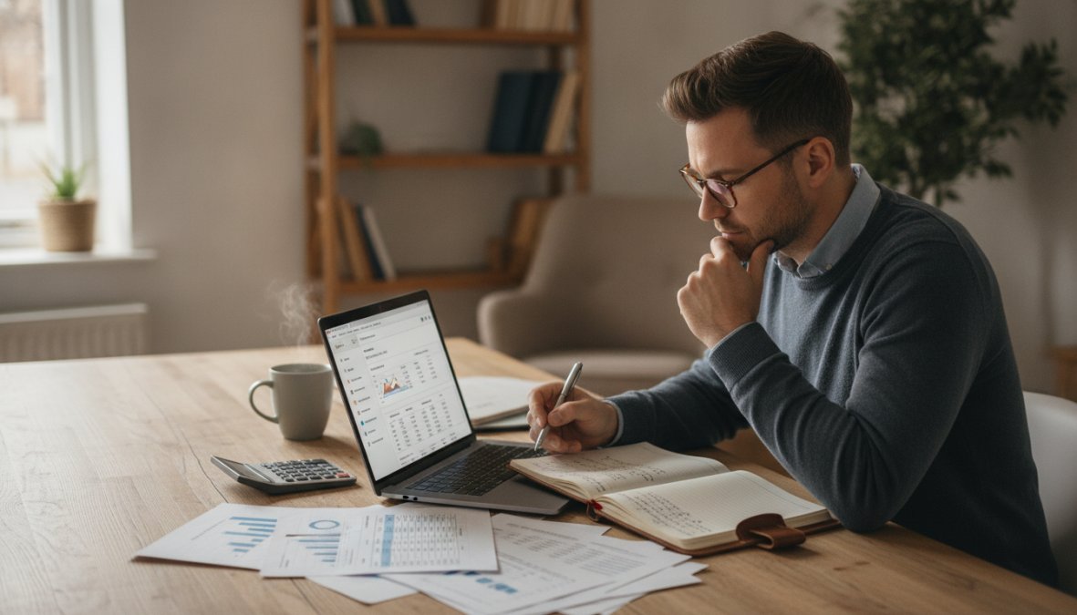 A business owner sitting at a desk reviewing financial documents and a laptop screen showing ecommerce dashboard analytics, with a coffee cup and notepad nearby in a well-lit home office setting