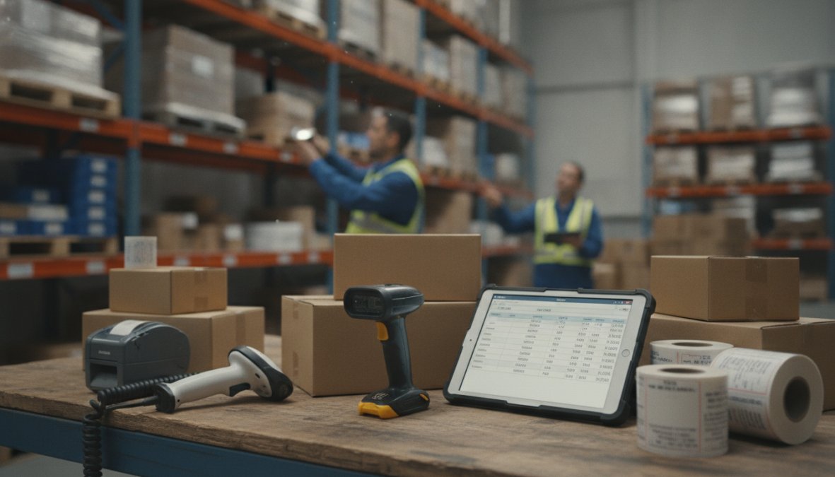 A warehouse worker scanning product barcodes with a handheld scanner while a colleague checks stock levels on a tablet, with shelves of packaged goods visible in the background under fluorescent warehouse lighting
