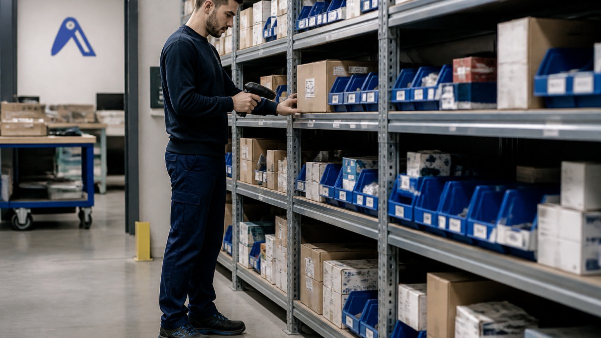 Warehouse worker using a handheld scanner for inventory tracking of industrial automation components