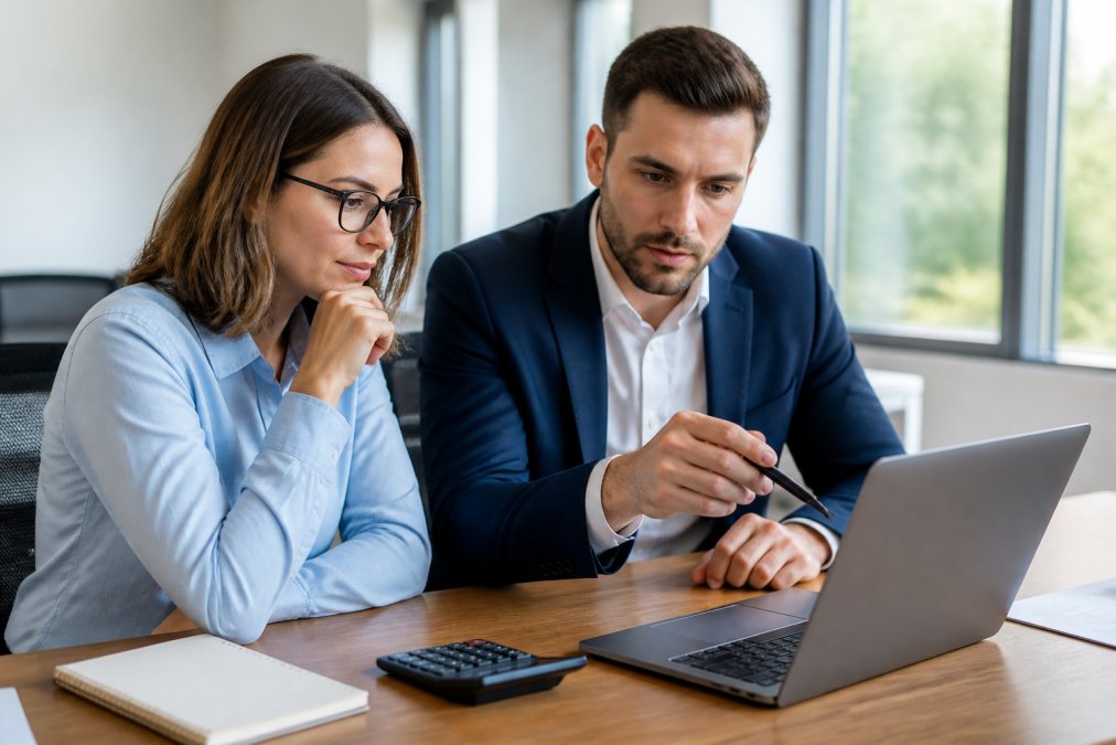 Two colleagues reviewing recruitment cost spreadsheets on a laptop in a bright meeting room, calculator and notepad on the table