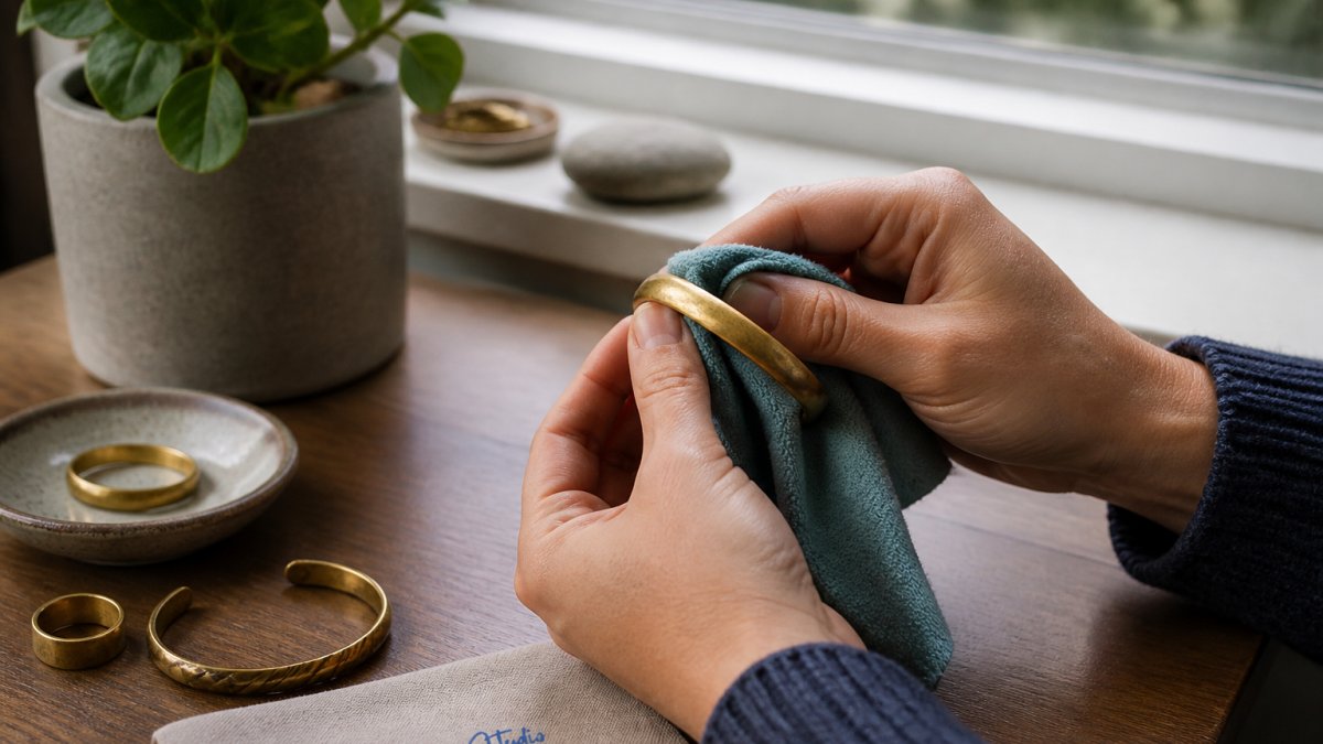 Close-up of hands gently cleaning a brass bracelet with a soft microfiber cloth, showing the polishing motion in natural window light