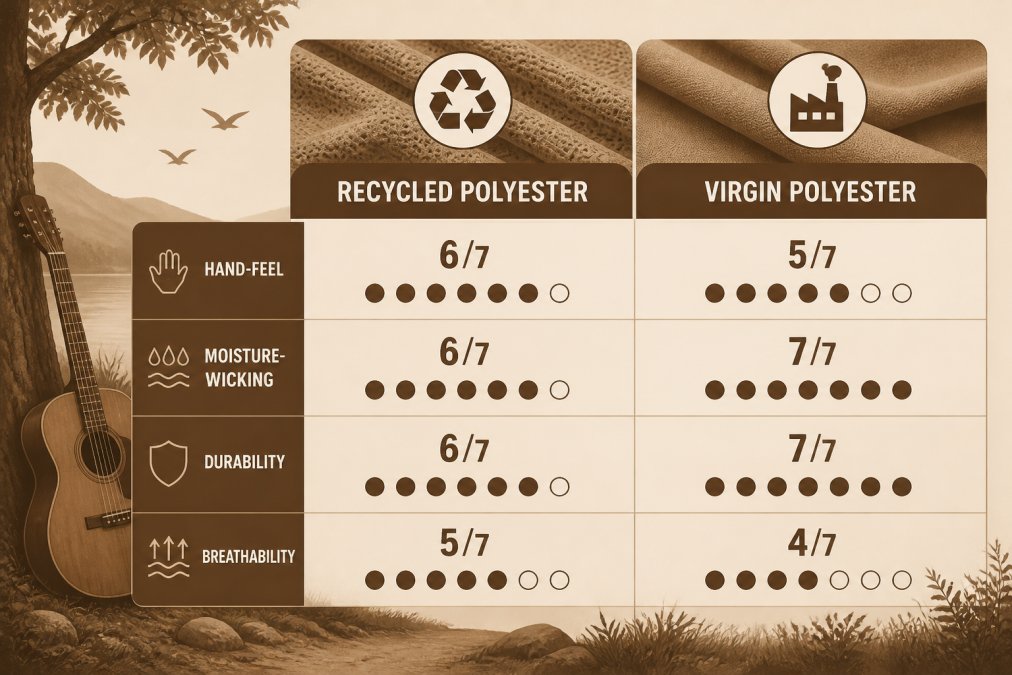 Comparison matrix of hand-feel, moisture-wicking, durability, and breathability for recycled vs virgin polyester, rated low to high across seven attributes