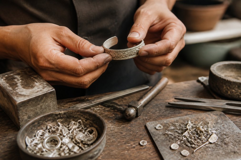 Close-up of a jeweller's hands holding a piece of recycled silver jewellery, with small silver scraps and tools on a workbench in a warm, softly lit studio