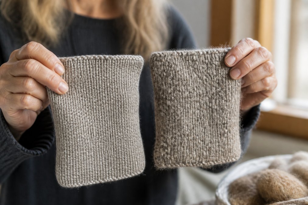 Close-up of two knit textures held in a person's hands, the left swatch visibly smoother and tighter, the right swatch slightly more fibrous and nubby, soft daylight from a window