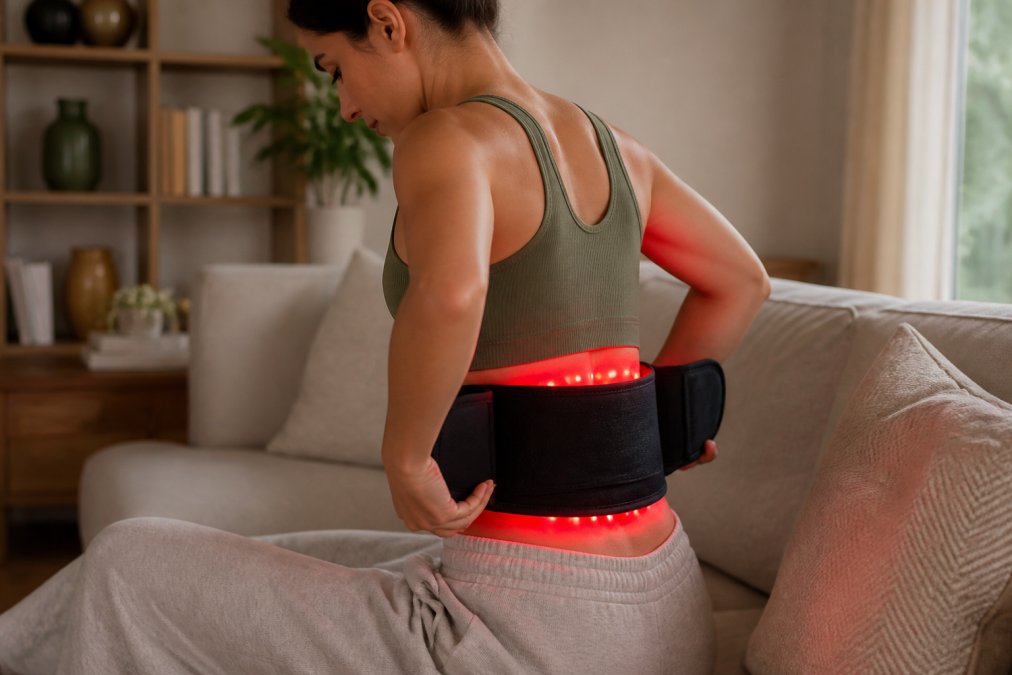 Woman wearing a red light therapy belt on her lower back at home