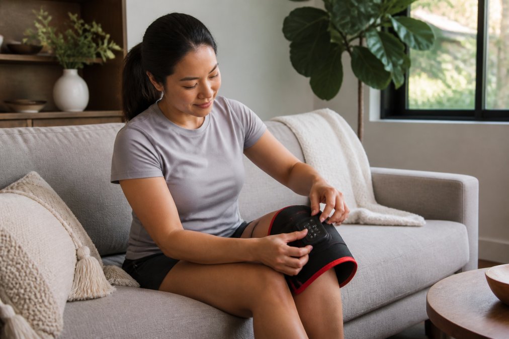 Woman using a wearable red light therapy knee wrap at home