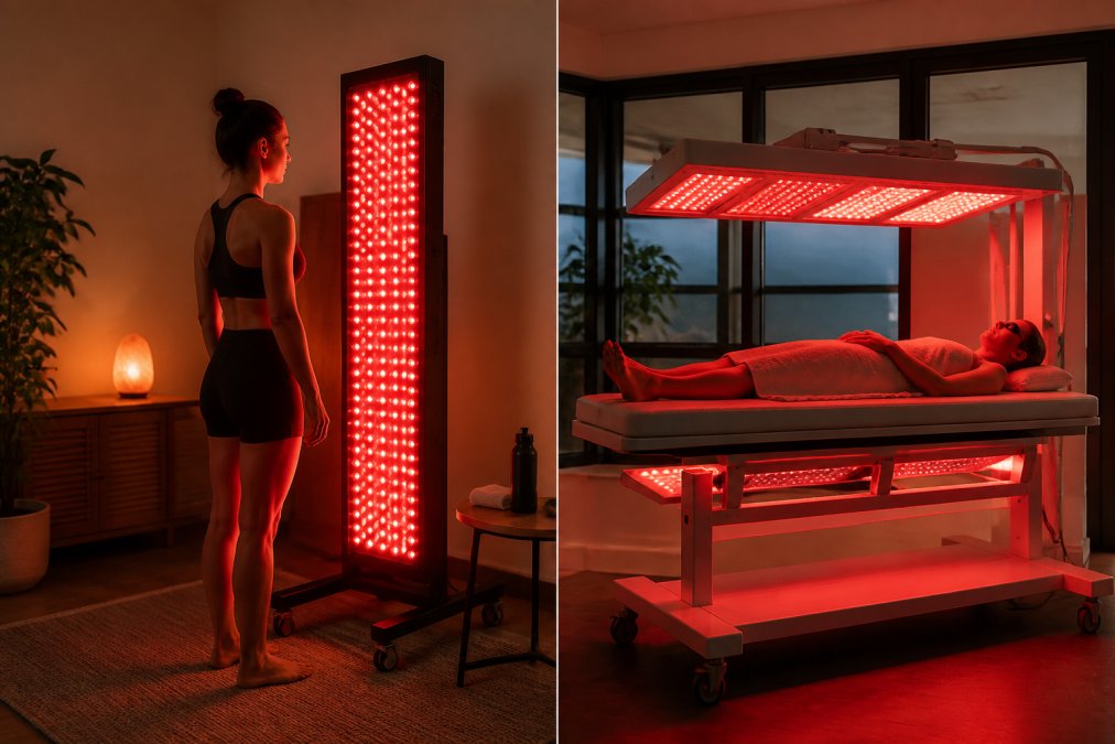 Infographic comparing the convenience of at-home red light therapy panels versus professional clinic sessions.