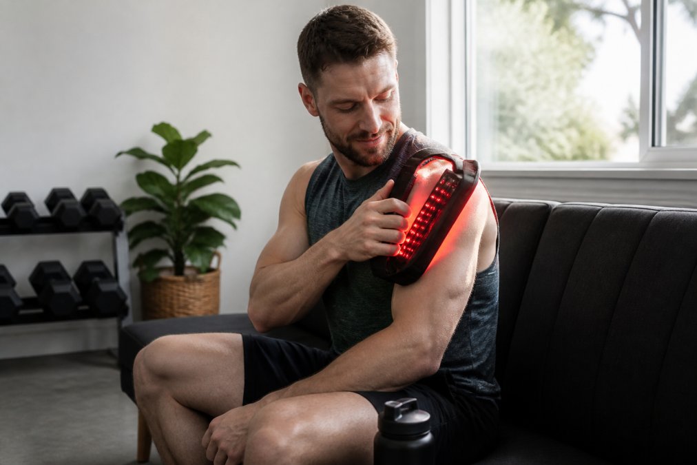 Athlete in workout gear using a red light therapy pad on their shoulder after training, seated in a recovery area with natural window lighting, showing visible comfort and relief