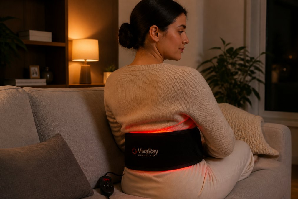 Woman using a wearable red light therapy belt on her lower back while relaxing at home.