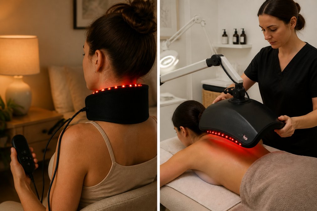 Comparison of a wearable red light therapy device used at home and a larger red light therapy device used in a professional setting.