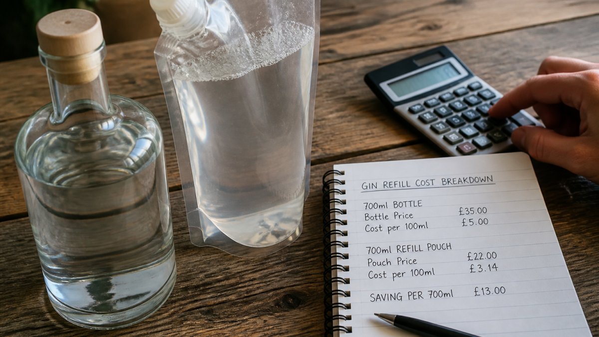Close-up of a Glaswegin gin bottle positioned next to a refill pouch on a wooden surface, with a calculator and notepad showing cost comparisons written nearby