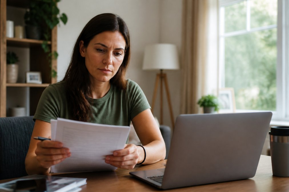Person reviewing private health insurance documents at home, holding policy paperwork and checking details on a laptop, natural afternoon lighting through window