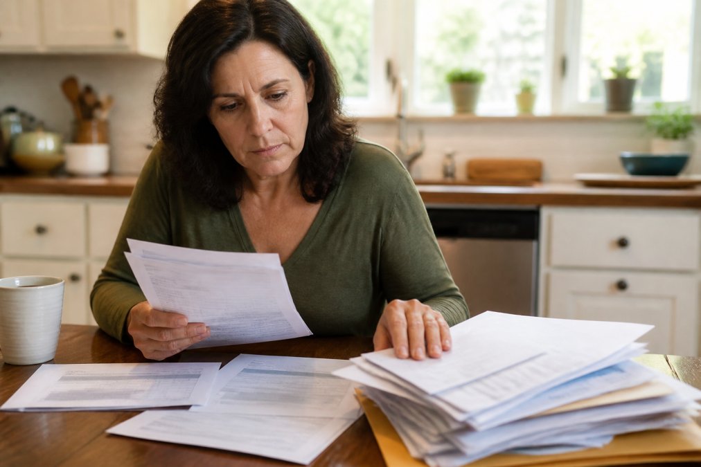 A patient reviewing a stack of medical insurance documents and claim denial letters at a kitchen table, looking focused and determined