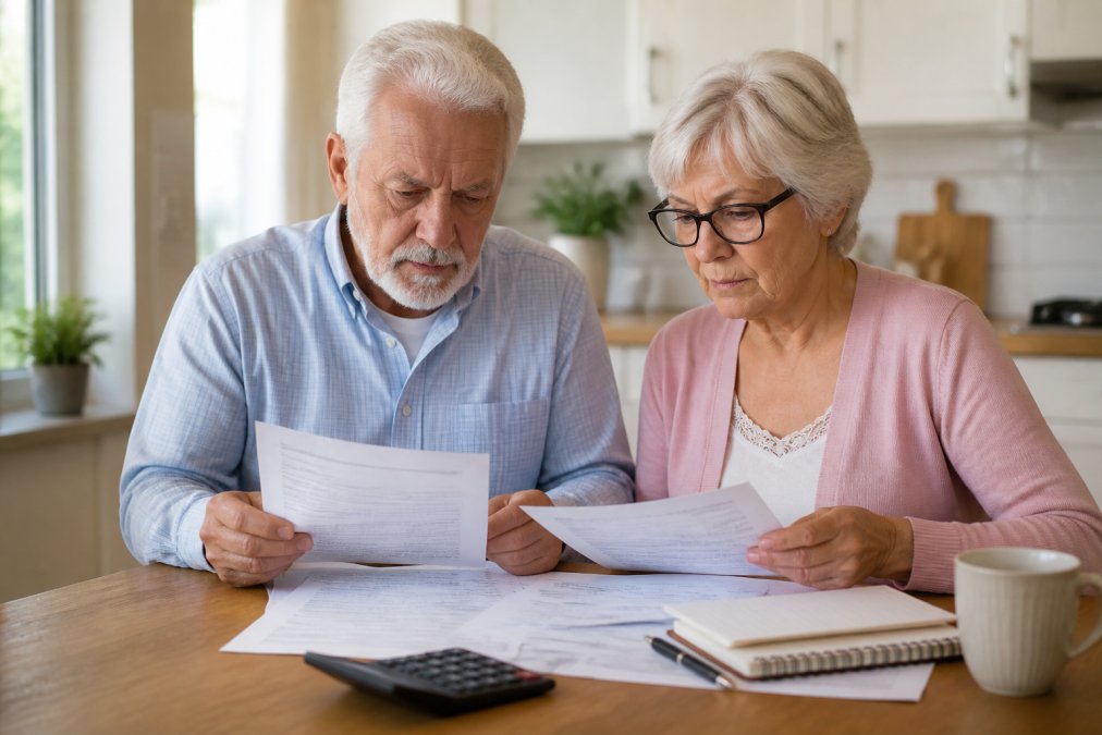 A retiree couple reviewing medical bills and insurance paperwork at a kitchen table, calculator and pen nearby, warm natural light