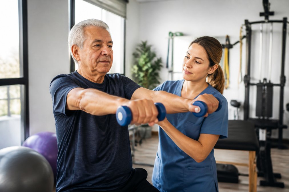 Infographic showing the recovery process and physical therapy exercises after regenerative medicine for seniors