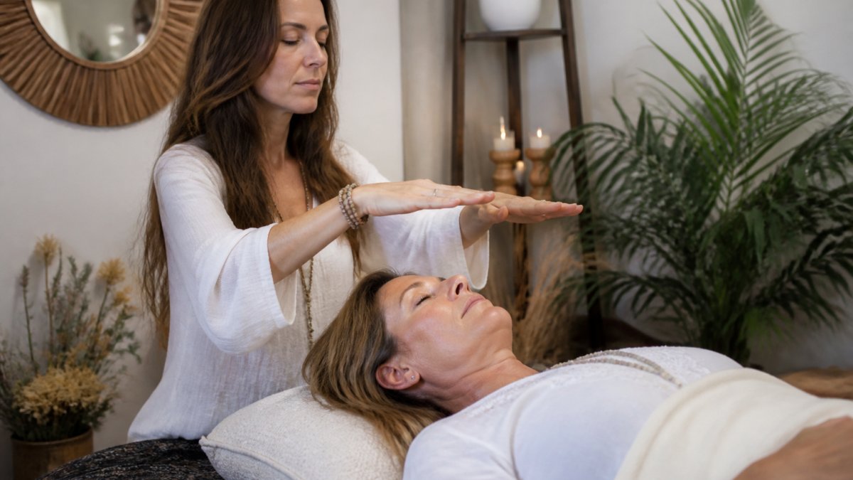 Professional Reiki practitioner with hands positioned above a client's head during treatment in a serene, softly lit healing room with warm lighting and peaceful ambiance