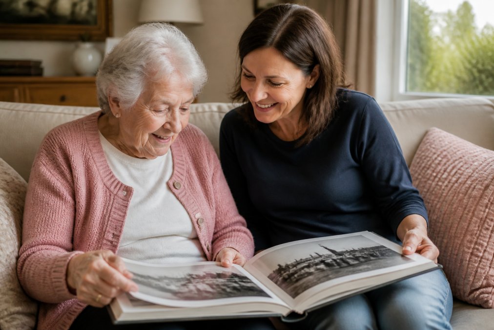 An elderly woman and a middle-aged woman sitting together on a comfortable couch, smiling as they look through a large photo book filled with old black-and-white Australian images, warm natural light, cozy living room setting
