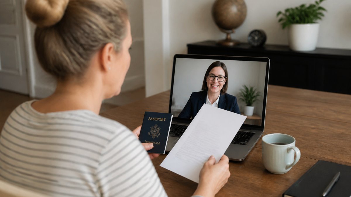 Parent holding a passport and travel consent letter at a computer during a video call with a notary, showing the contrast between remote and traditional notarization
