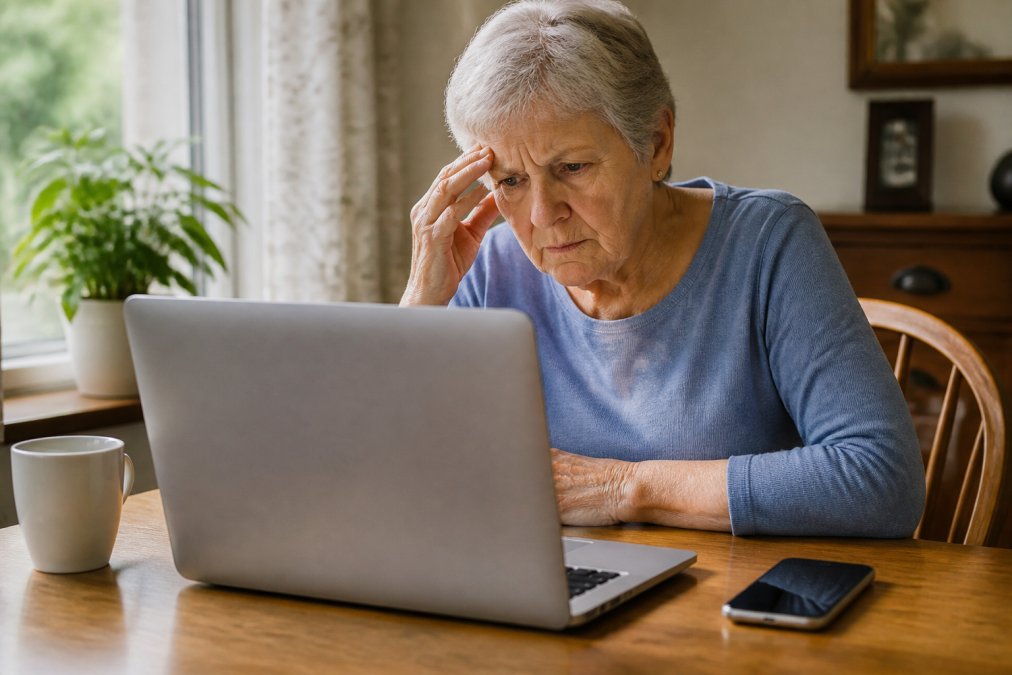 Una persona mayor con aspecto preocupado frente a la pantalla de una computadora portátil mientras está sentada en un escritorio con un teléfono cerca