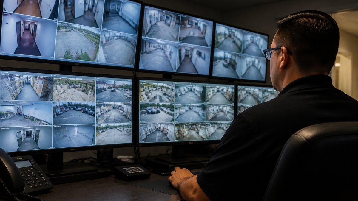Professional security operator monitoring multiple camera feeds on illuminated screens in a modern control room, with real-time video surveillance displays showing different building areas and timestamps